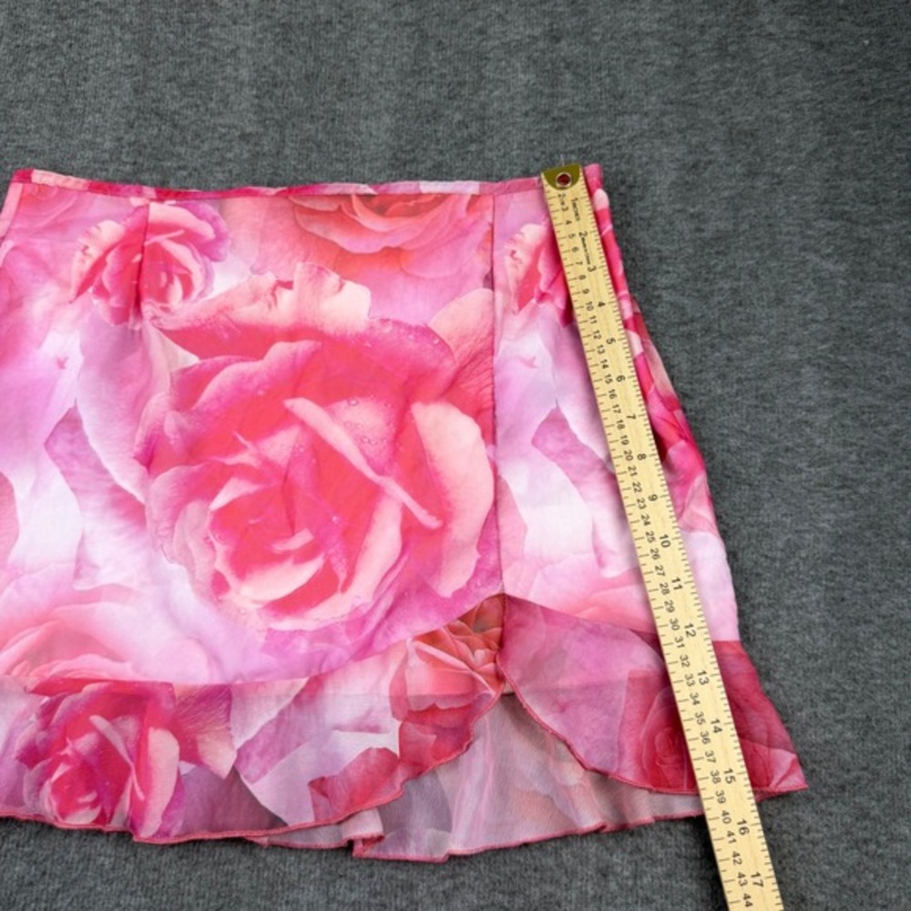 PrettyLittleThing Mini Skirt Women Size 10 Pink Floral Mesh Ruffle Hem Rose‎ - Picture 4 of 7